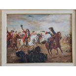 J. GASTON. Oil on board depicting English Civil War battle scene with cavaliers on horse back.