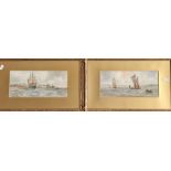 W. CANNON. Two signed watercolours on paper depicting ships at sea. Approx 29cm x 13cm.