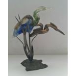 An Yves Lohe signed bronze and glass sculpture of herons height approx 38 cm.