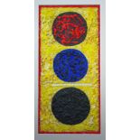 John Roger Bradley. Acrylic on paper vas abstract study of three circles on a yellow background