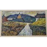 John Roger Bradley. Acrylic on paper of a landscape with white road and cottages entitled "At The