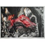 Pauline Bradley. A collagraph print of a red figure on a dark background entitled "Curled Nude in