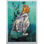 Pauline Bradley. Etching and lithograph print of a crouching female nude entitled "Hope". Signed