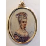 A 19th century portrait miniature on ivory of a lady with feathers and jewels in hair with pearl