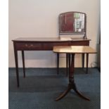 A mahogany single drawer side table together with a swing mirror and two mahogany tables.