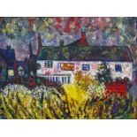 John Roger Bradley. Acrylic on canvas study of cottages entitled "House of Whispers". Signed with