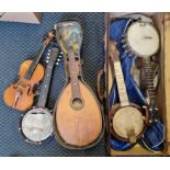 Napoli style mandolin with three banjos/ ukuleles A/F and a violin 1/4.