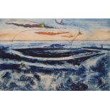 Pauline Bradley. A collagraph print of a seascape entitled "Kites on the Shore". 58cm x 39cm.