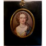 A 19th century portrait miniature enamel metal oval of Anne Marie de la Cremouille (see verso) - a
