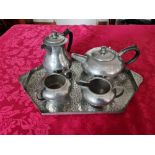 A arts and crafts Artistic Pewter five piece tea set No,014.