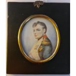 A 19th century portrait miniature on ivory depicting Napoleon in a wood frame. This item has been