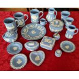 A collection of Wedgwood blue and white pottery.