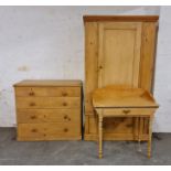 A 19th century pine five drawer chest together with a satinwood wardrobe and washstand.