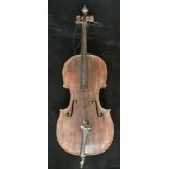 A late 18th century Cello with two bows and a black wooden travel case Cello In need of