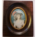 A 19th century portrait miniature on ivory of a lady in a hat with feathers and a white dress the