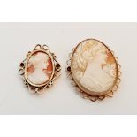 A cameo brooch stamped 375 on frame with a smaller yellow metal cameo brooch