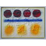 John Roger Bradley. A mixed media on board abstract study in red, blue, white and yellow. Name and