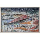John Roger Bradley. Acrylic on paper abstract landscape entitled "Winter Beach". Signed with