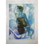 Pauline Bradley. Etching and woodcut study of a seated woman entitled "Blue Lady". Signed in