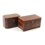 Two George III mahogany tea caddies, comprising a mahogany example of rectangular cut corner form