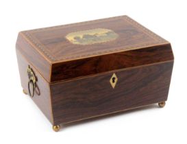 An early Tunbridge ware print decorated and inlaid rosewood sewing box of sarcophagol form, bone