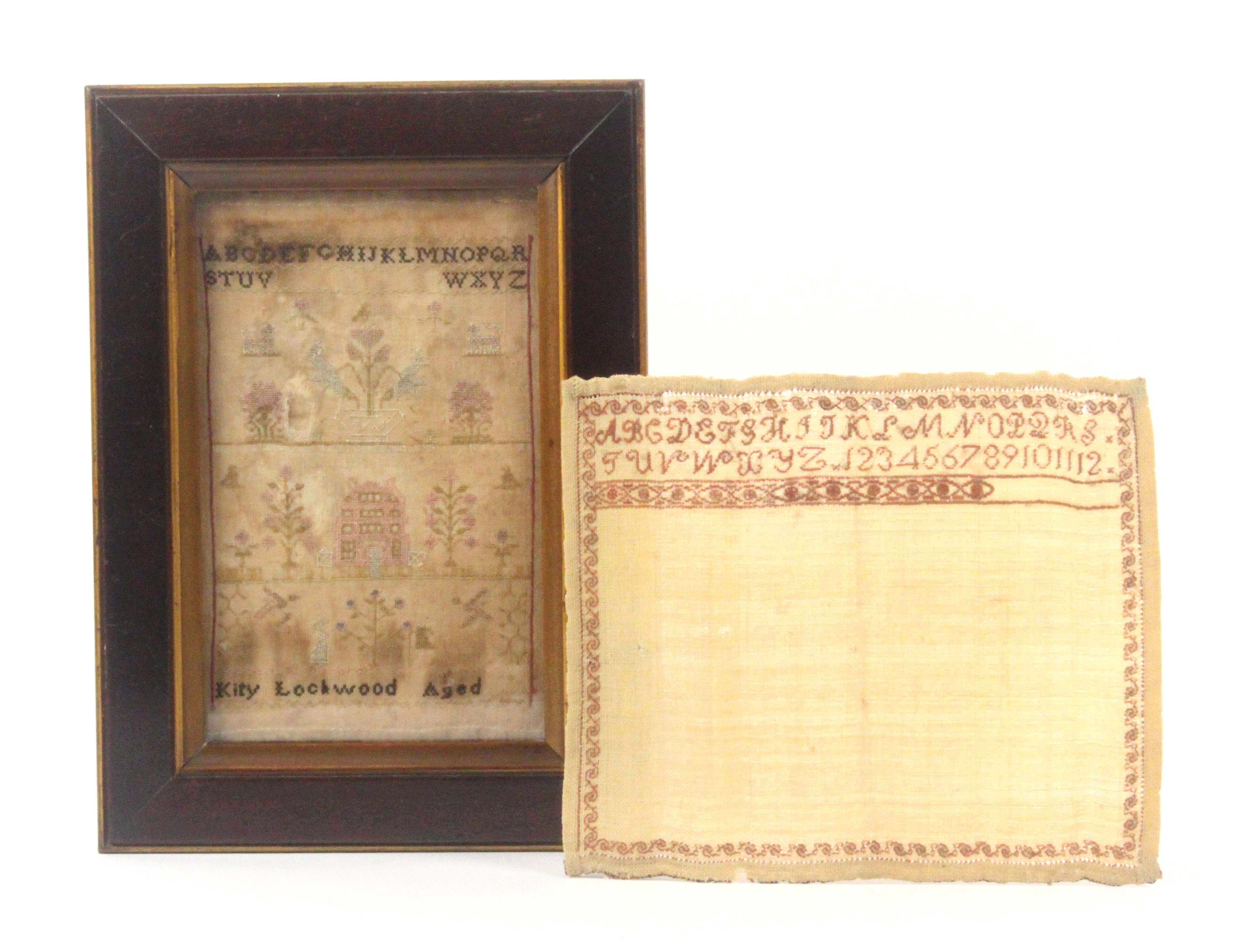 Two samplers of small size, comprising a framed example worked with upper case alphabet, flowering