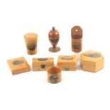 Mauchline ware - eight pieces, comprising a tumbler case (Bridlington Harbour), 7.2cms, a wall