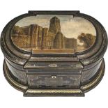 A fine papier mache sewing box with a painted panel of Christ Church Oxford and with the original