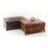 Three sewing boxes, comprising a rosewood sarcophagol form example, circa 1860, inlaid with pewter