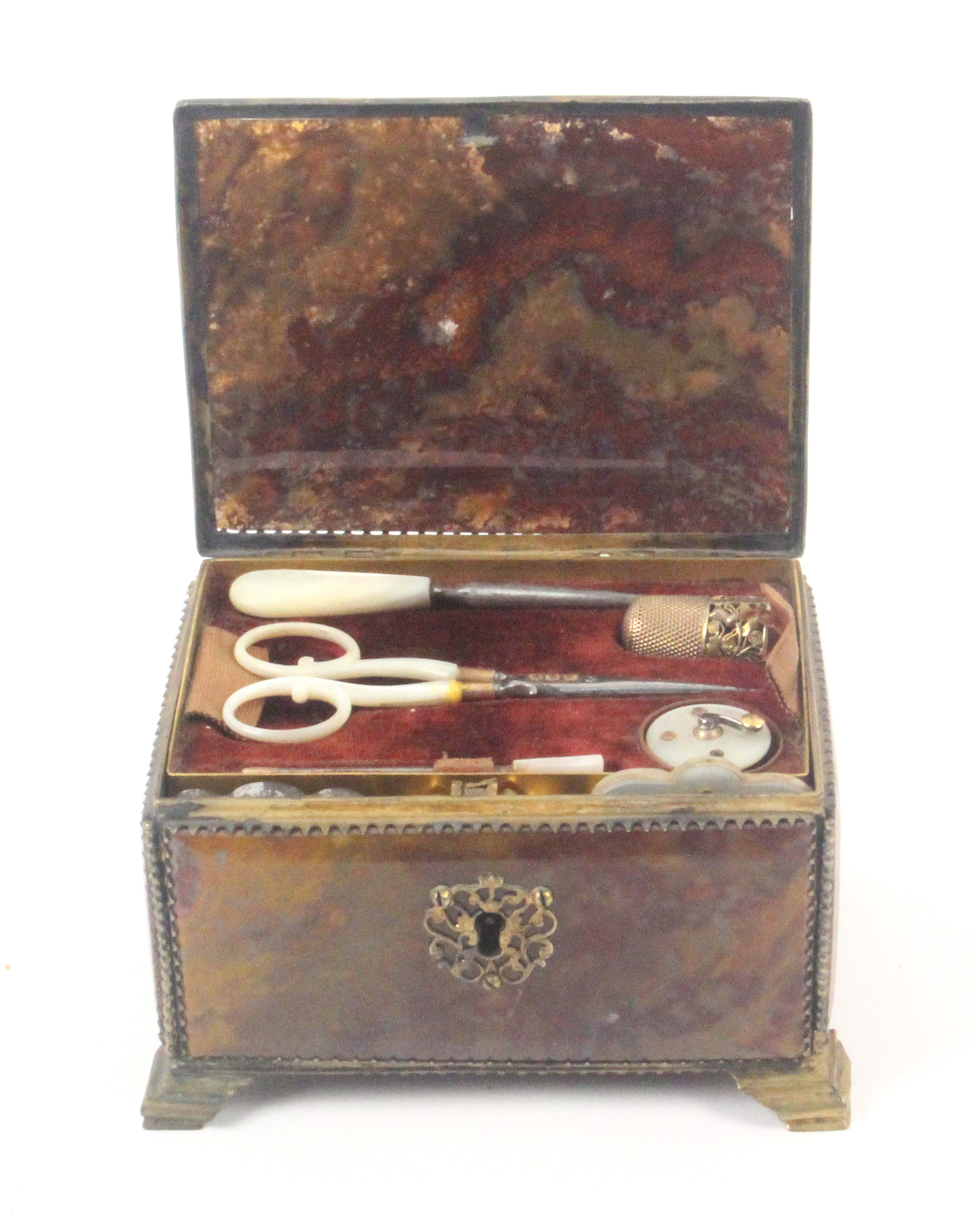 A late 18th Century agate box fitted in the 19th Century with sewing tools, the rectangular box