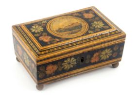 An early Tunbridge ware print, pen and paint decorated small sewing box of sarcophagol form, the