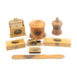 Mauchline ware - eight pieces, desk accessories, comprising a cylinder string box (Mers. La