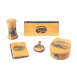 Mauchline ware - sewing, five pieces, comprising a cylinder form sewing companion with thimble /