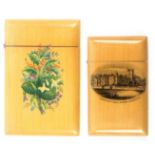 Mauchline ware - two rectangular card cases, both with hinged covers comprising (Underley Hall,