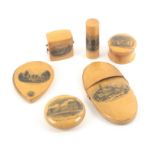 Mauchline ware - six pieces, comprising a travel mirror in swivel top case (New Baths Croft / St.