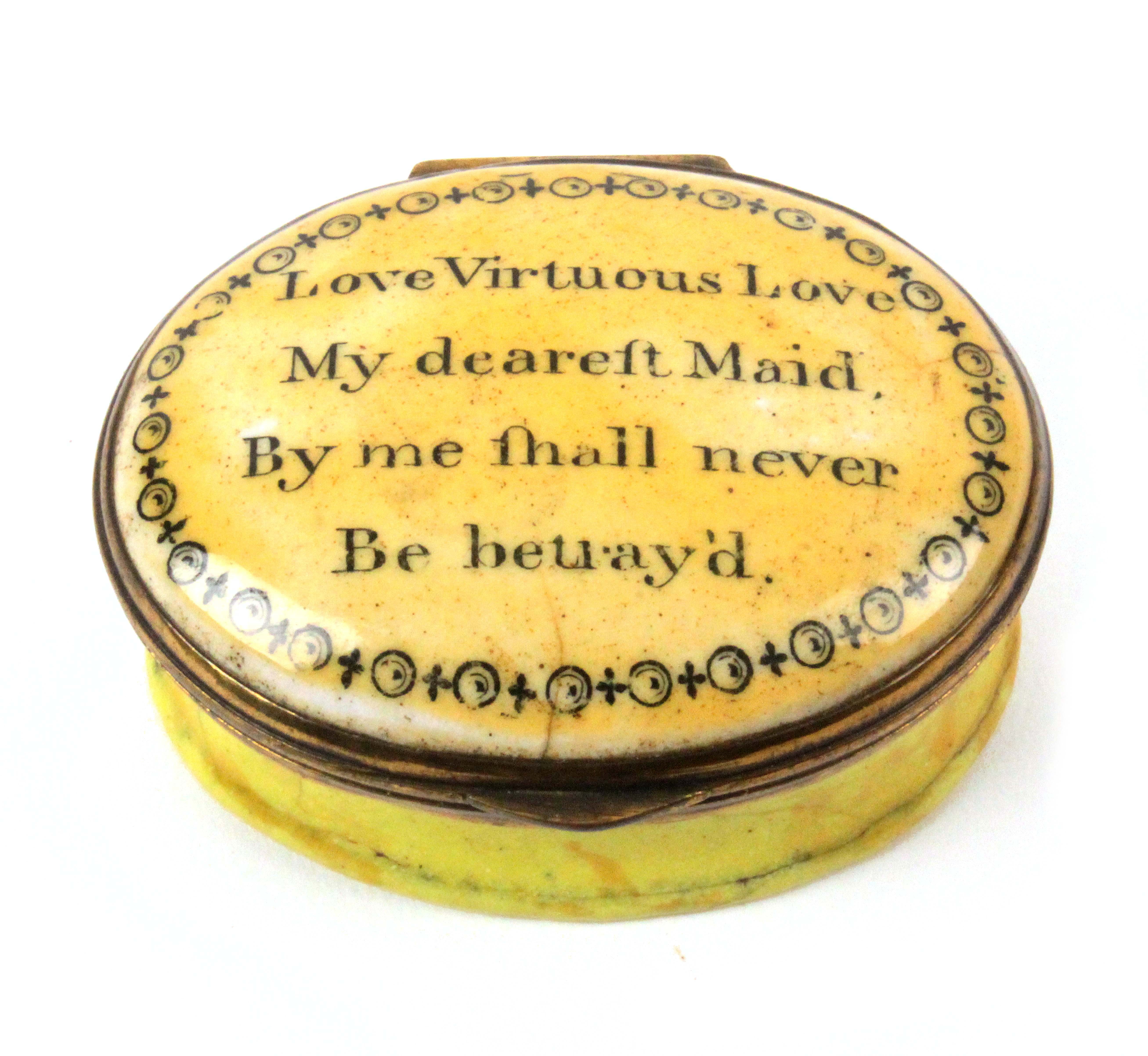 A late 18th Century English enamel oval box, of yellow tint, the domed lid inscribed 'Love