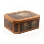 A George III inlaid fiddle mahogany sewing box, circa 1780, of cut corner rectangular form, the