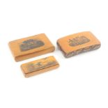 Mauchline ware - three wooden hinge snuff boxes, comprising a curved example (soldiers with boar /