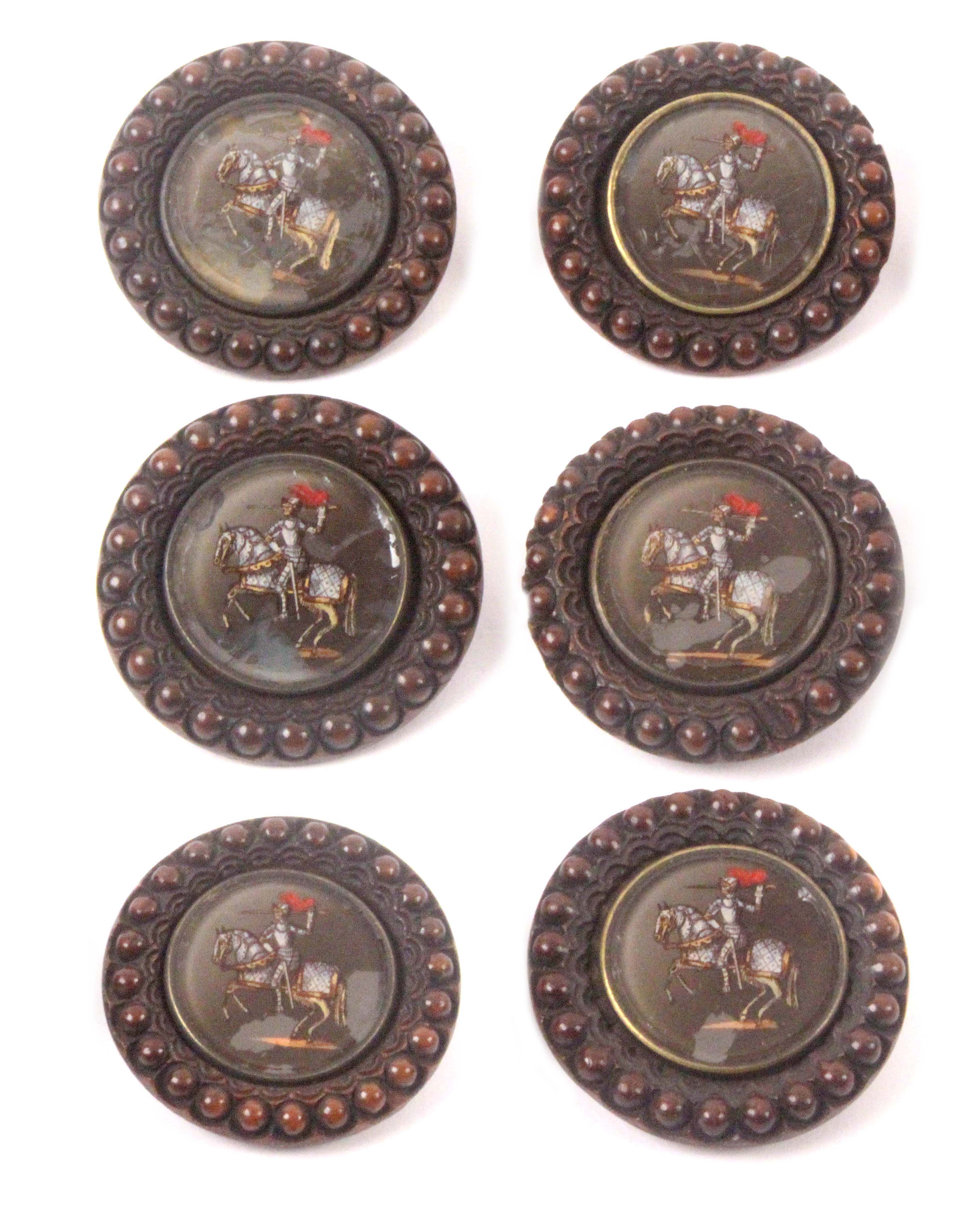 Buttons - a set of six 19th Century wooden buttons, each with a reverse glass panel of a knight on