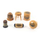 Mauchline ware - sewing, six pieces, comprising a stool form pin cushion (Burns Monument and Cottage