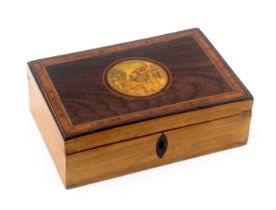 An early Tunbridge ware print decorated and inlaid white wood box, of rectangular form, the lid