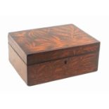 A rosewood rectangular sewing box, circa 1840, the lid and front inlaid in satinwood with birds,