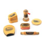 Mauchline ware - sewing, six pieces, comprising a standing waxer/tape measure/pin cushion (Made of