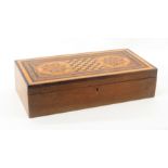 A Madeiran writing box, circa 1880, of rectangular form, the lid with chequer board, star and