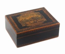An unusual early Tunbridge ware print and pen work decorated box of rectangular form, with pull