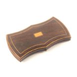 A French rosewood etui, circa 1870, the case of axe head form with boxwood lid rectangle and boxwood