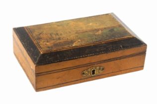 An early Tunbridge ware white wood print and paint decorated rectangular sewing box, line