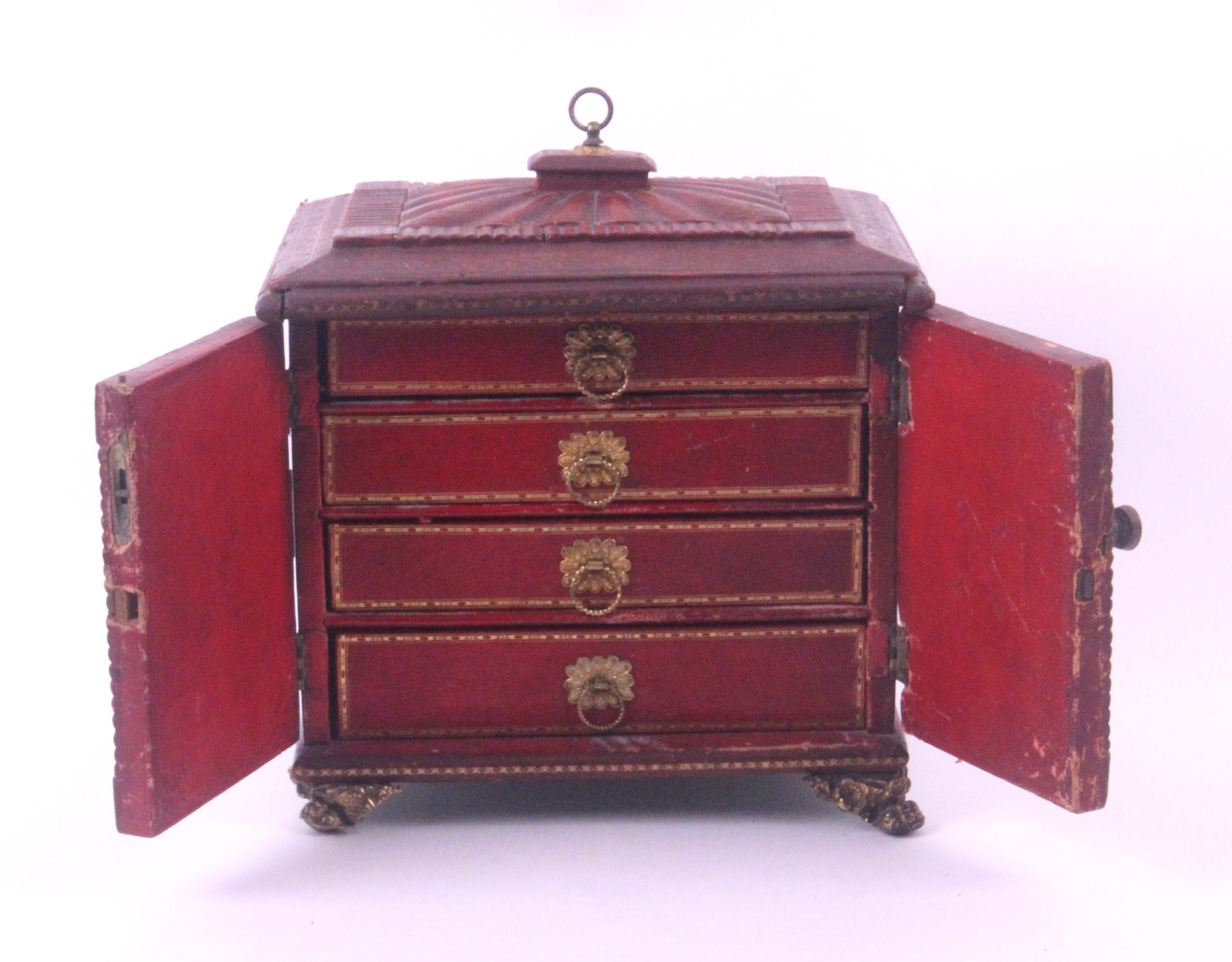 A Regency red leather and tooled table cabinet, circa 1800, the fan segmented top within fluted - Image 2 of 3