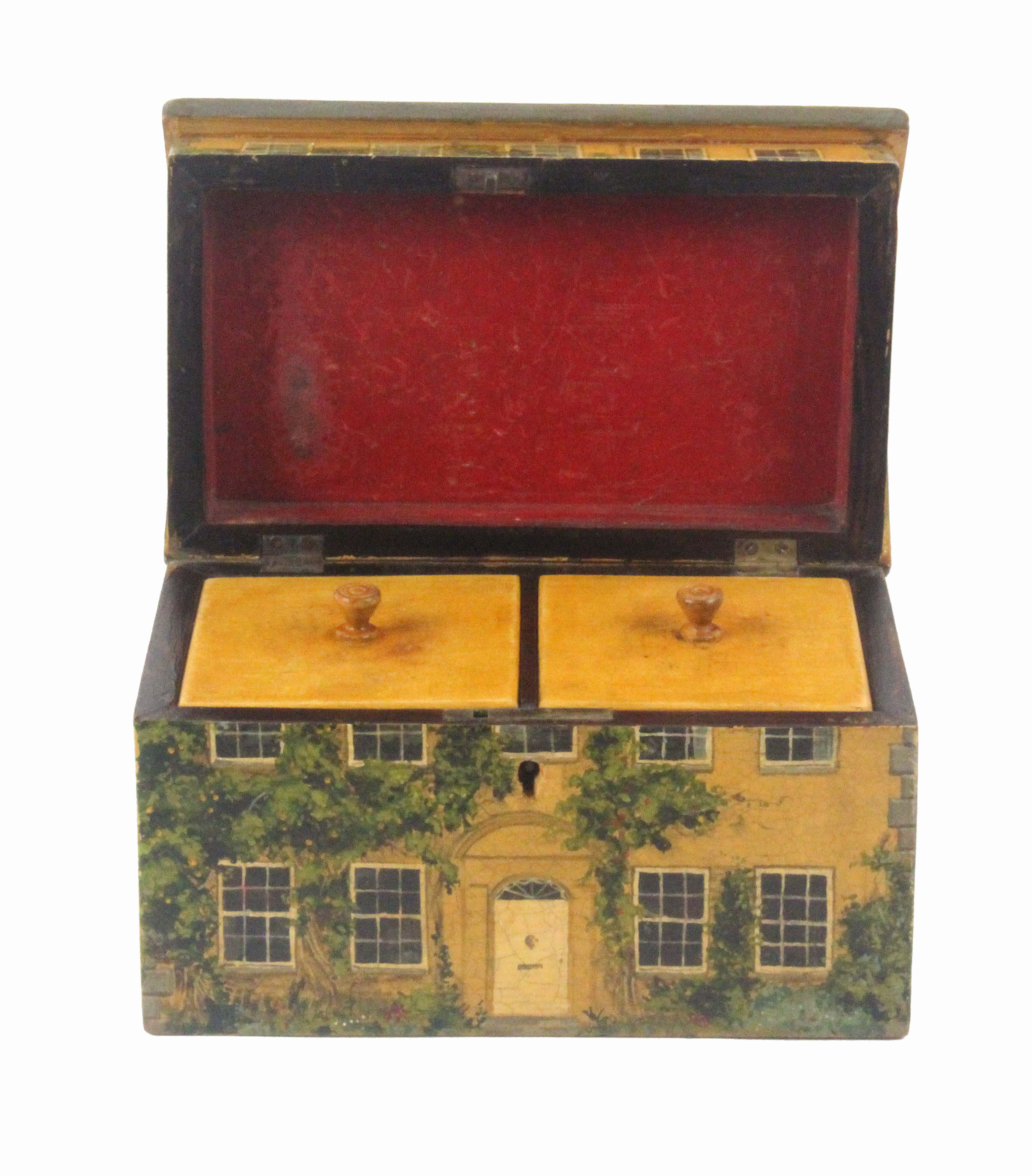 A fake house from Tunbridge ware style tea caddy, 20th Century, the front painted with panelled door - Image 3 of 3