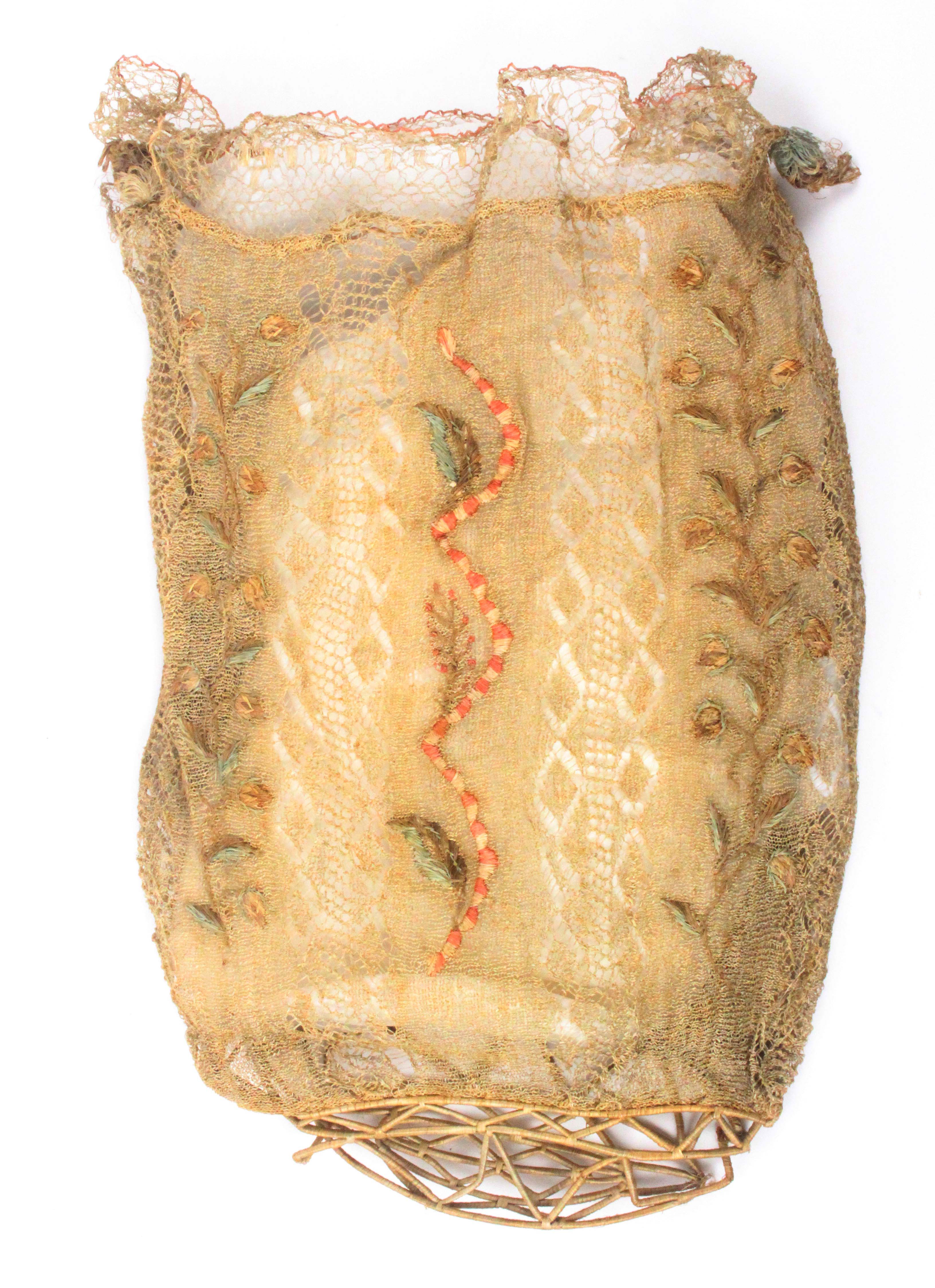 A large late 18th Century / early 19th Century work bag with woven basket base, knitted in aloe - Image 2 of 2